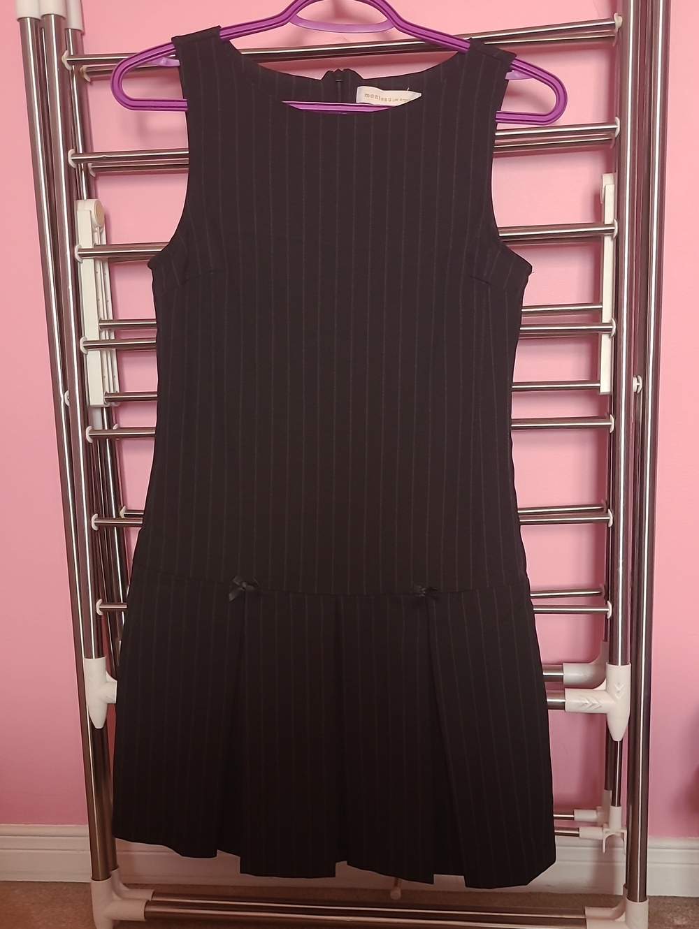 Monteau Black Pinstripe Sleeveless Drop-Waist Mini Dress